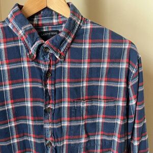 Lands End Mens Flannel Button Down Shirt Blue Red Plaid Traditional Fit Sz XL